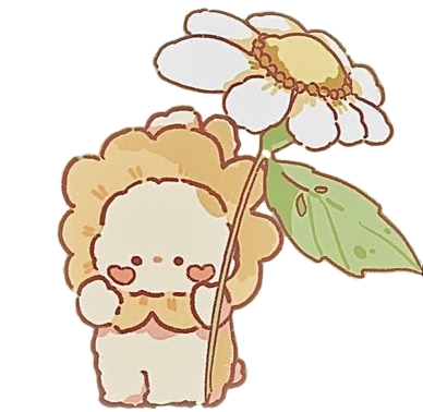 Cute little rabbit with a beige body and rosy cheeks, holding a big daisy. The character has a kind of light brown mane or hair around his head, resembling a little lion. The daisy has white petals, a yellow center, and a large green leaf. The illustration has a childish and adorable style.